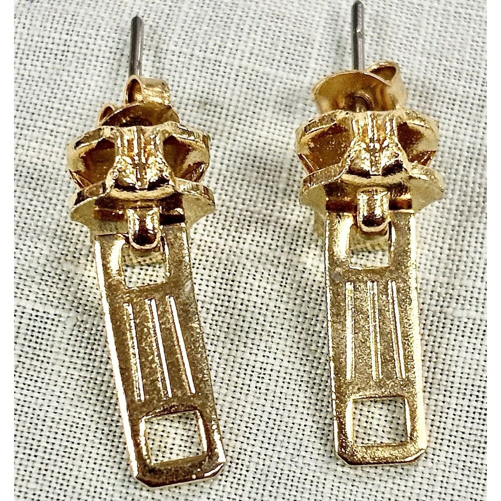 Vintage Gold Tone Zipper Pull Stud Earrings Novelty Punk Retro Statement Pair